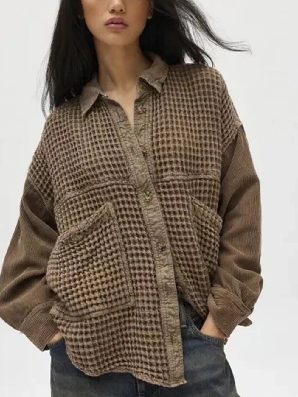 BDG Waffle Knit Button-Front Shirt Jacket - cocoa Brown S